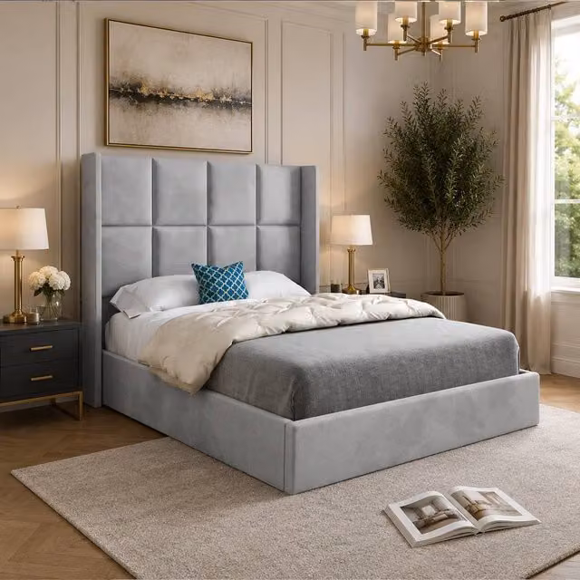 Casani Yaverland Upholstered Velvet Designer Bed Frame in Grey, W/D/H: 137 x 120 x 200 cm – 1