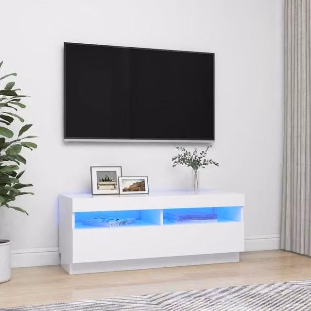 Berkfield Home Modern Glossy White TV Cabinet with LED Lights W/D/H: 100 x 35 x 40 cm