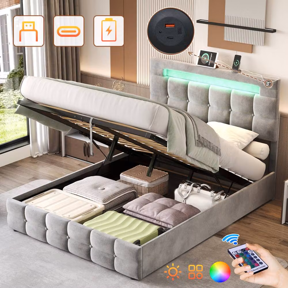 BTM Grey Velvet Double Bed with Hydraulic Storage, LED Lighting and USB Charging Headboard, W/D/H: 142 x 190 x 39.5 cm – 4