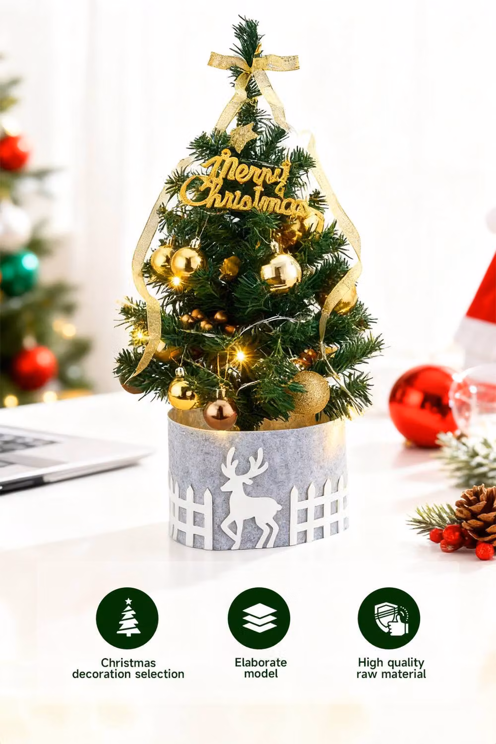 Living and Home Mini Tabletop Christmas Tree with Multicolour Lights in Green and Gold – 2