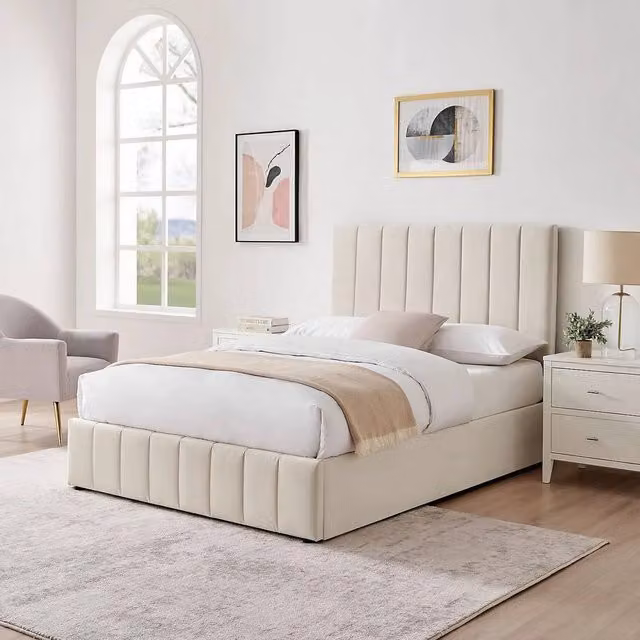 Modish Furnishing Leo Double Ottoman Storage Bed in Cream Plush Velvet, W: 140 cm, D: 200 cm