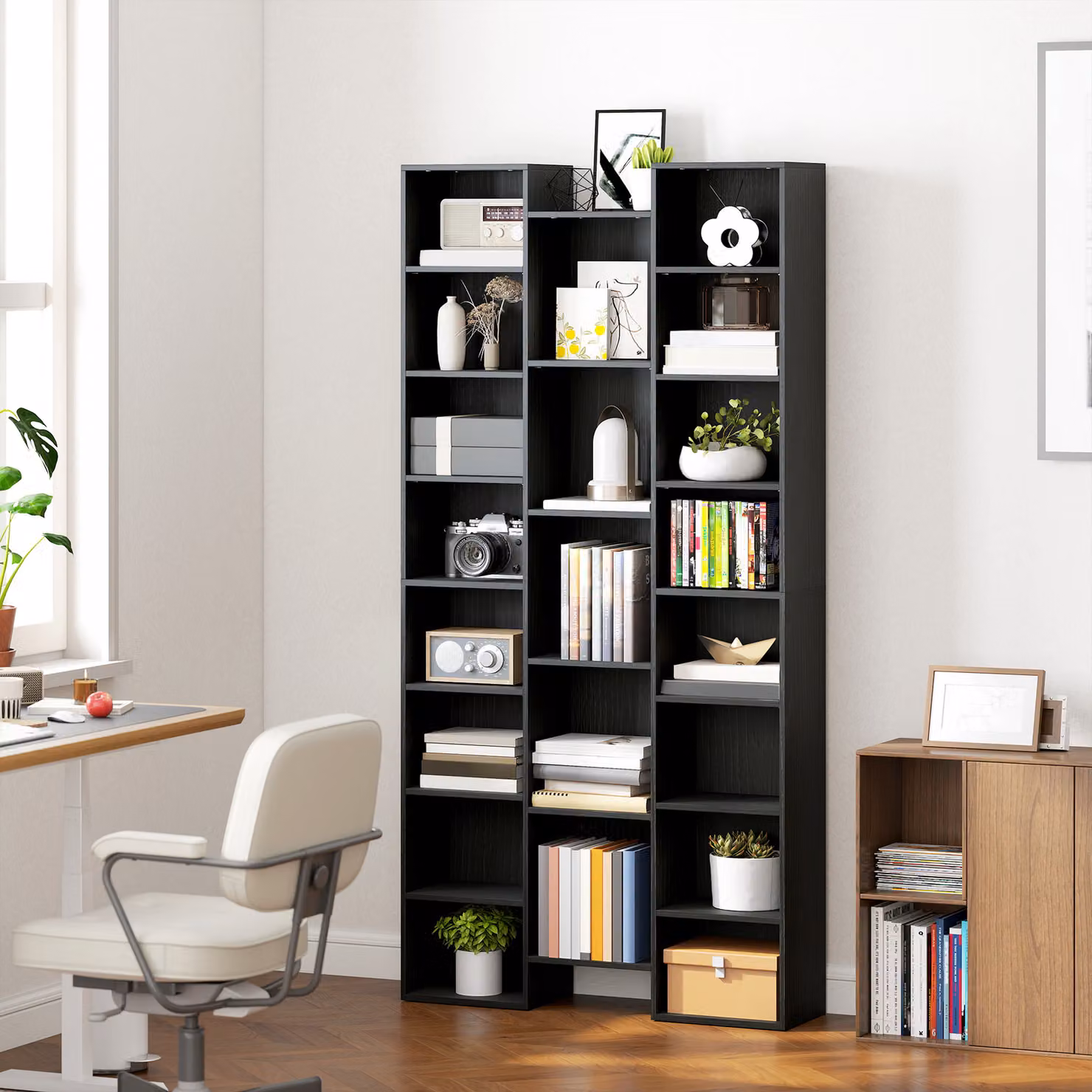 HOMCOM 21-Compartment Modern Black Wood Freestanding Bookshelf with Adjustable Shelves and Back Panel – 8