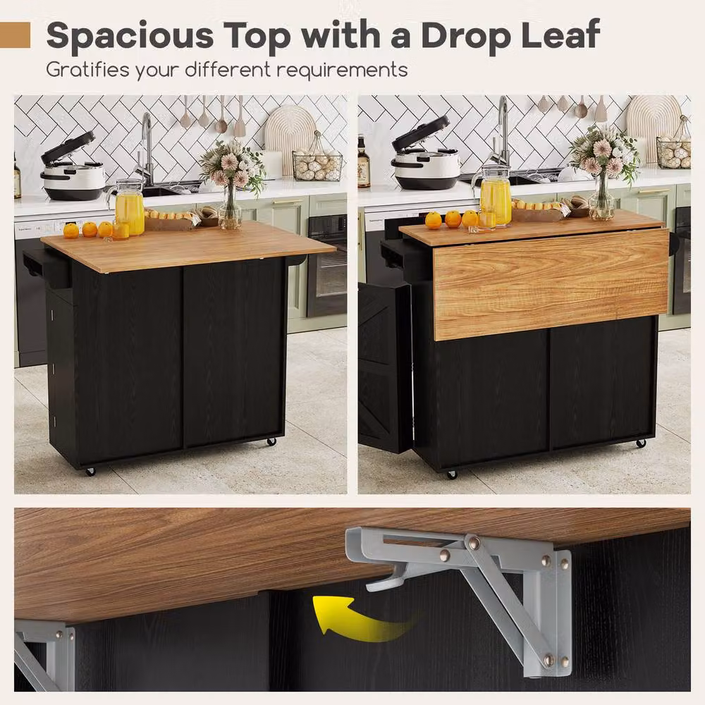 Costway Rolling Kitchen Island with Drop Leaf and 2 Drawers in Black – 4