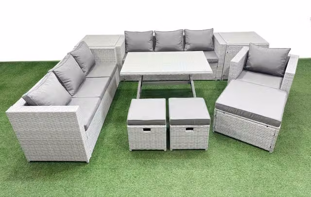 Fimous 10-Seater Patio Set in Light Grey featuring 3-Seater Sofa, Armchair, 2 Side Tables and 3 Stools