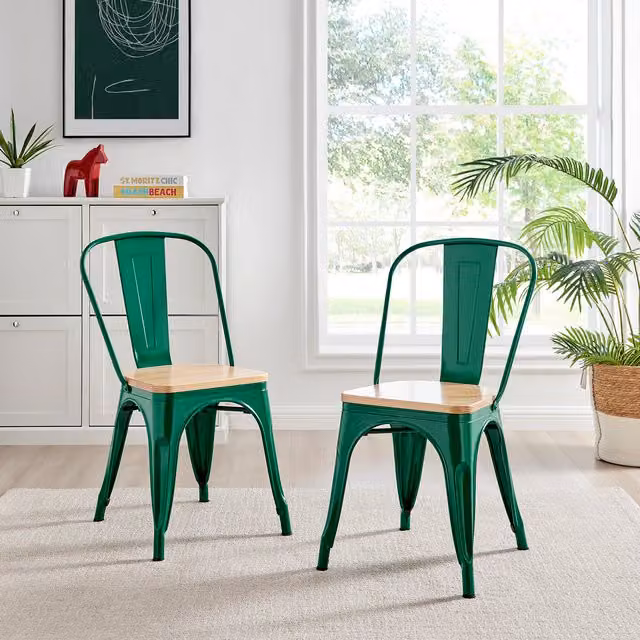 FurnitureboxUK Colton Stackable Tolix Style Industrial Metal and Pine Wood Kitchen Dining Chair, Green