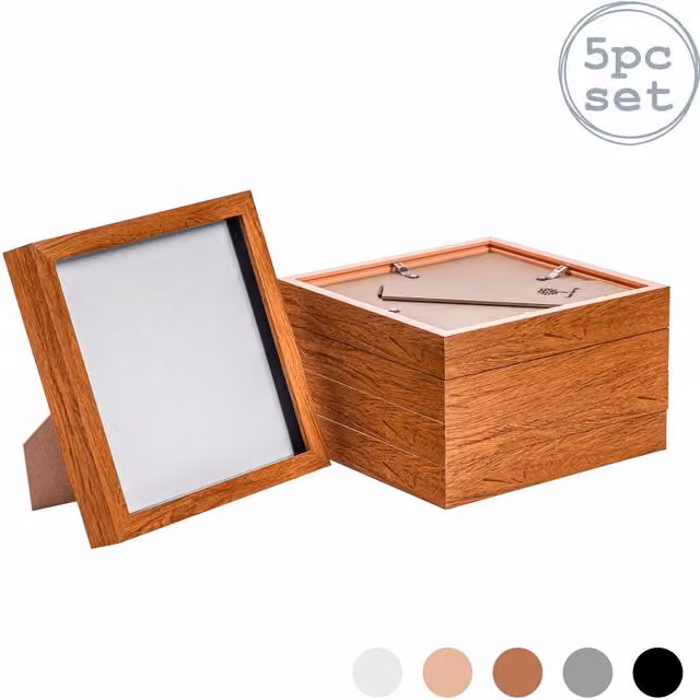 Nicola Spring Pack of 5 Modern Square 3D Box Photo Frames in Brown Wood, W/H: 20.32 x 20.32 cm
