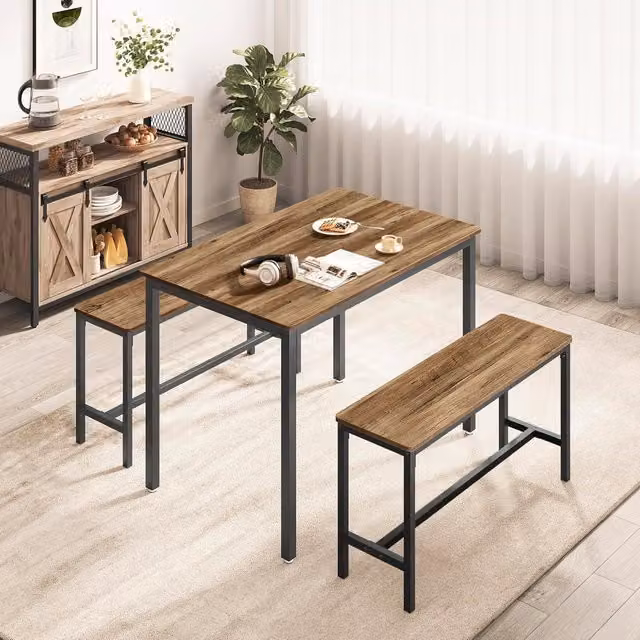VASAGLE 3 Piece Industrial Style Dining Table and Benches Set in Brown