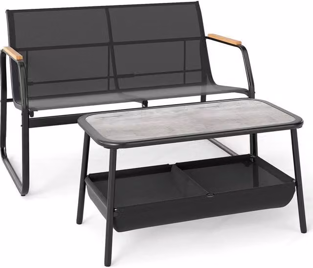 Kelvenix Black Metal Outdoor Loveseat and Coffee Table Set – 1