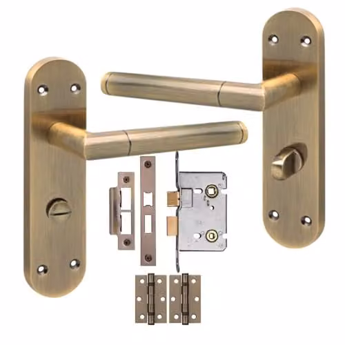 Golden Grace Mitred Bathroom Mortise Lock Handle Set with Long Rounded Backplate in Antique Brass and Bronze