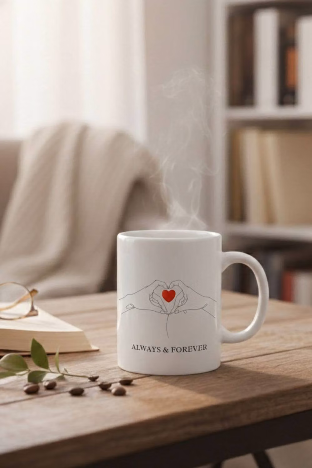 Dyzi Always & Forever Heart Line Art Printed Ceramic Mug in White and Red – 4