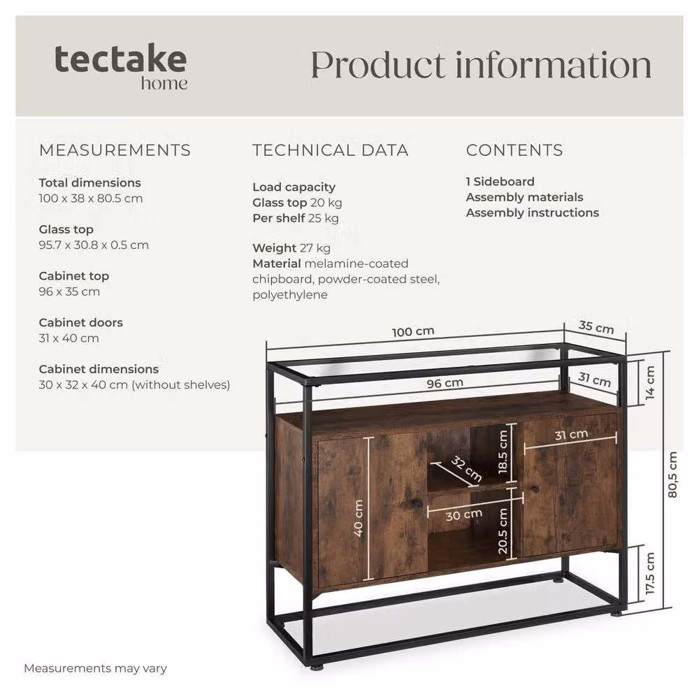 tectake Oldham Industrial Sideboard with Glass Top and Open Shelves in Brown and Black – 6