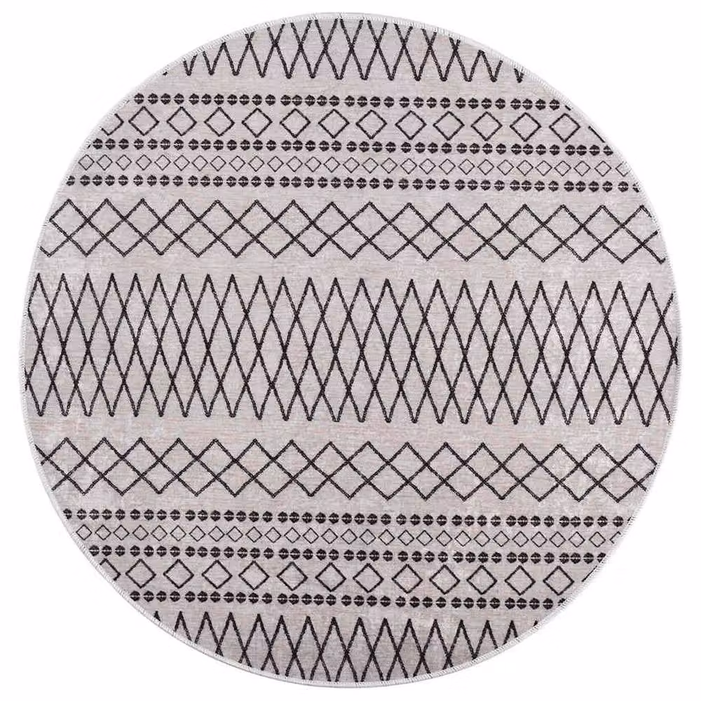 Berkfield Home Washable Geometric Round Rug in Black and White with Anti Slip Base, Diameter: 100 cm – 2