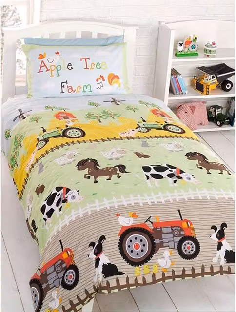 Rapport Home Apple Tree Farm Duvet Cover and Pillowcase Set, Multicolour Blue, Green and Brown, W: 135 cm, H: 200 cm