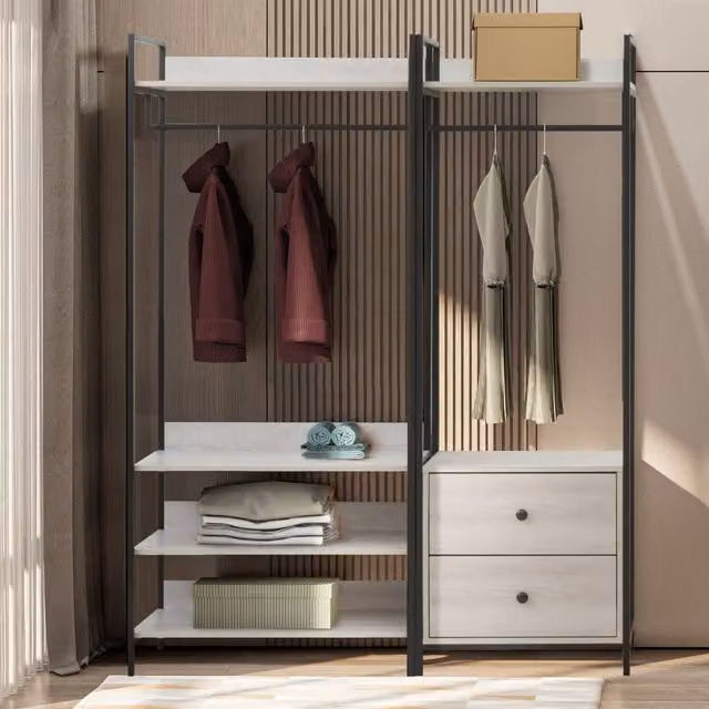 Swish Furniture Alva Pair of Double Open Wardrobes with 2 Drawers and 4 Shelves in White Oak and Black
