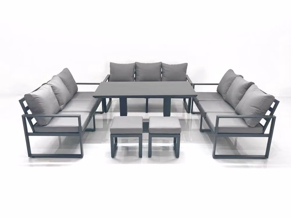 Fimous 11 Seater Garden Sofa Set with Height Adjustable Dining Table and 2 Footstools in Dark Grey Powder Coated Aluminium and Glass – 2