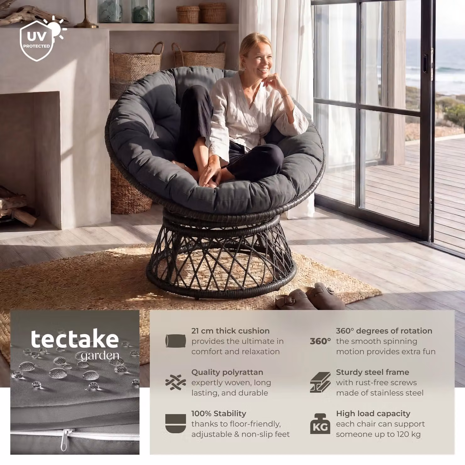 tectake Gargano Egg Garden Chair in Black with Grey Cushions and 360 Degree Swivel Metal Frame – 2