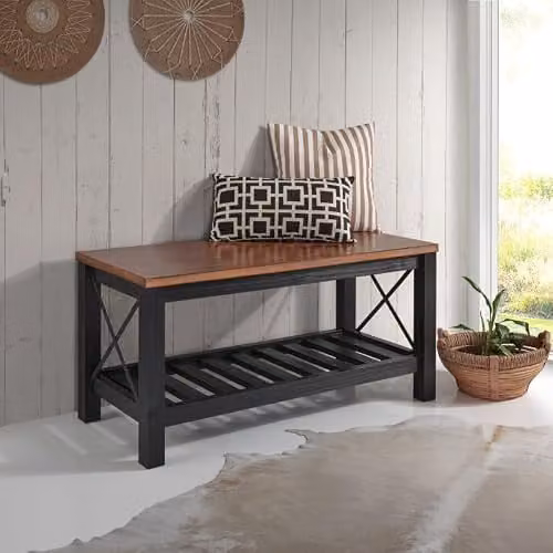 Mercers Furniture Cottage Pine Bench with Slatted Storage Shelf in Black, W/D/H: 107 x 42 x 59 cm – 1