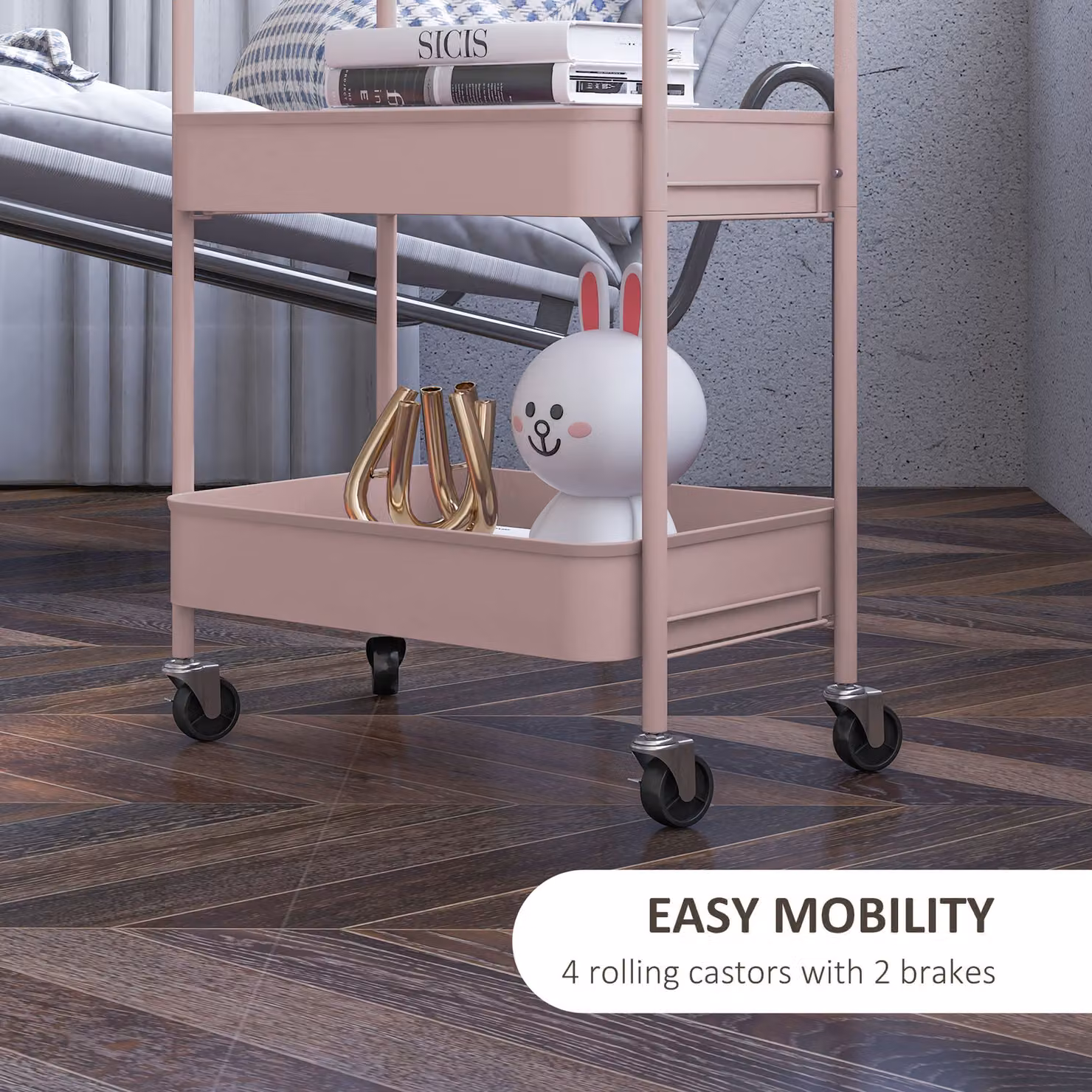 HOMCOM Three-Tier Metal Storage Trolley in Pink – 4