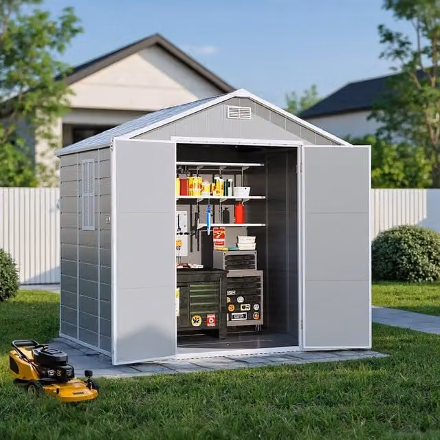 Lifeideas Apex Gable Roof Plastic Garden Shed with Window in Grey, W: 230 cm, D: 200 cm, H: 226.5 cm