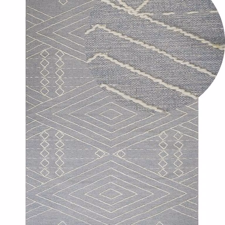 Wyld and Coco Handmade Oriental Geometric Rug in White and Grey Cotton and Wool with Tassels, W: 140 cm, L: 200 cm