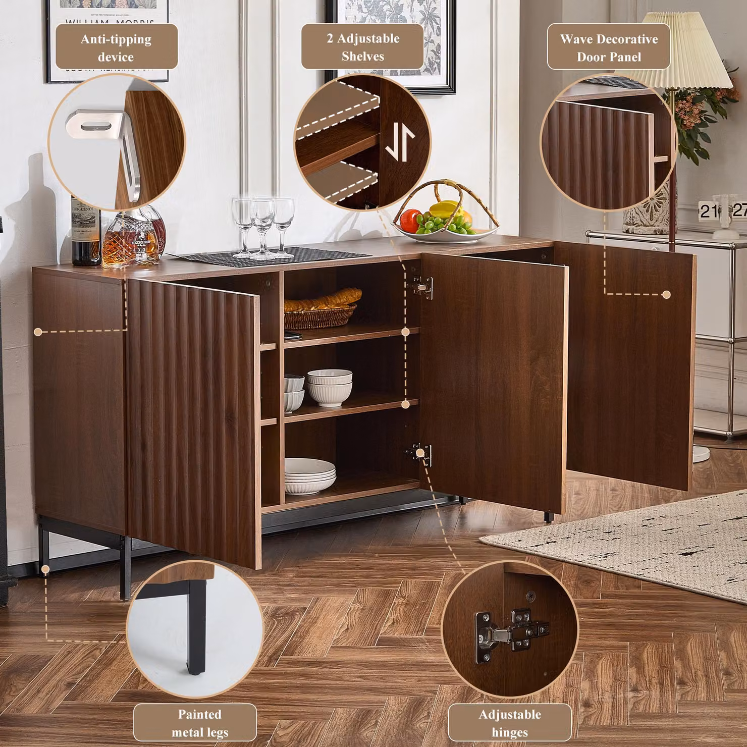 Aosom UK Mid-Century Sideboard with 3D Wave Design and Steel Legs, 3-Door Cabinet with Adjustable Shelves, Brown, W: 150 cm, D: 40 cm, H: 80 cm – 4