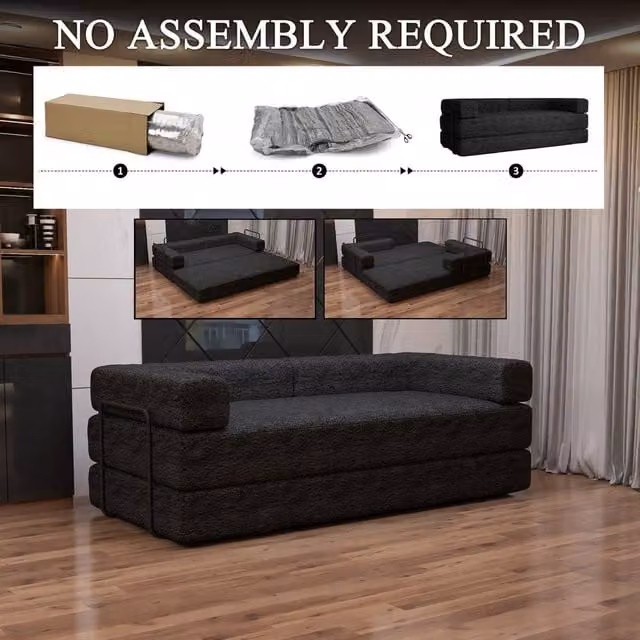 Sliding Wardrobes 4U 3 Seater Convertible Sofa Bed in Black Sherpa Fabric with Metal Frame