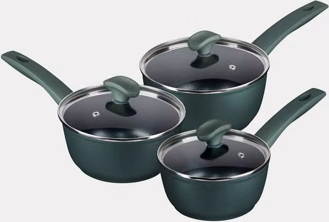Prestige 3 Piece Non-Stick Aluminium Saucepans with Glass Lids, Dark Green