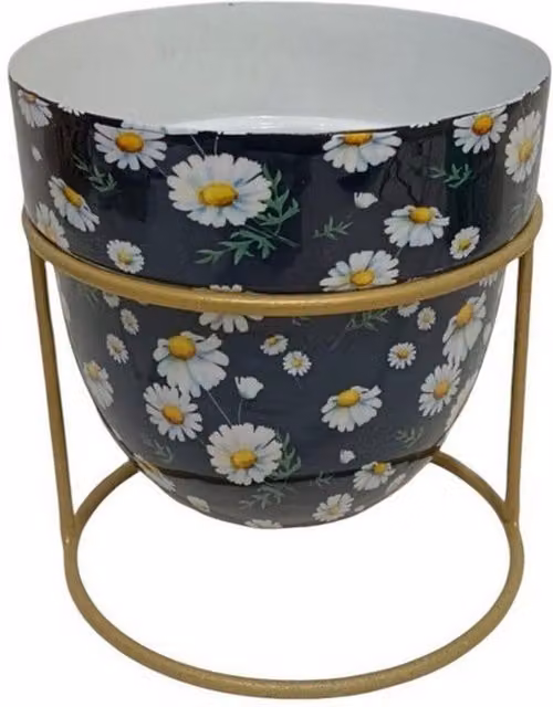 Minster Metal Flower Print Design Planter with Stand, Black, W: 13 cm, D: 13 cm, H: 13 cm – 1