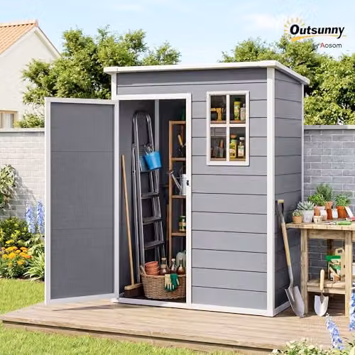 Outsunny Grey Plastic Pent Garden Shed with Floor, Window, Side Vent and Lockable Single Door – 2
