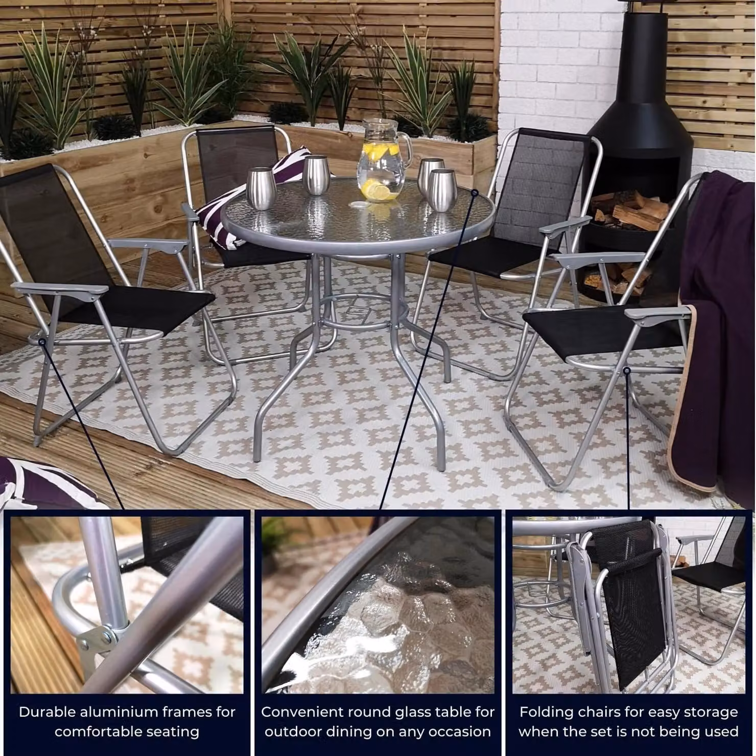 Samuel Alexander 4 Seater Garden Dining Set with Glass Table, Folding Chairs and Black Parasol in Black and Grey – 4