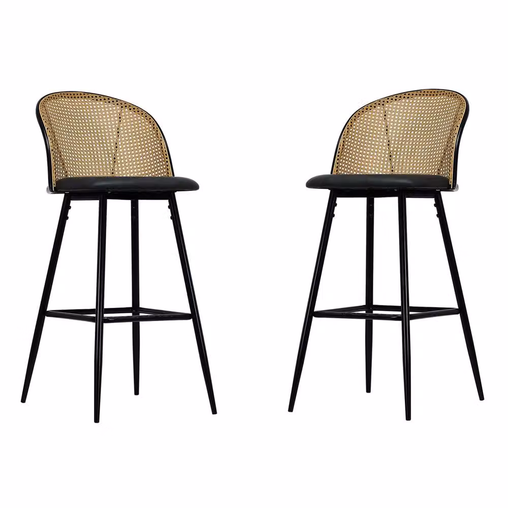 FURNITURE ONE Set of 2 Modern Black Swivel Bar Stools with Rattan and Metal Design – 3