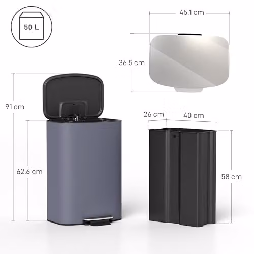 HOMCOM 50L Pedal Kitchen Bin with Soft-Close Lid and Fingerprint-Proof Finish in Grey and Silver – 6