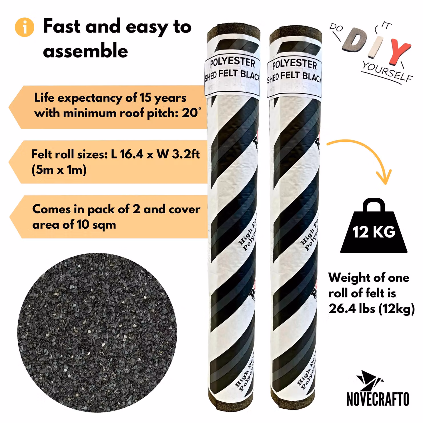 Novecrafto Heavy-Duty Black Polyester Shed Roofing Felt, 2 Rolls (W: 1 m x L: 5 m) – 3