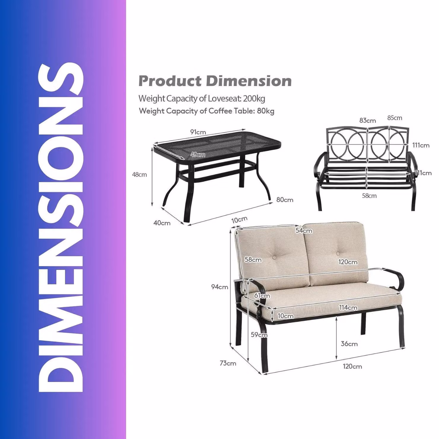 FURNOS 2 Seater Outdoor Bench with Padded Cushions and Table in Beige Steel – 2