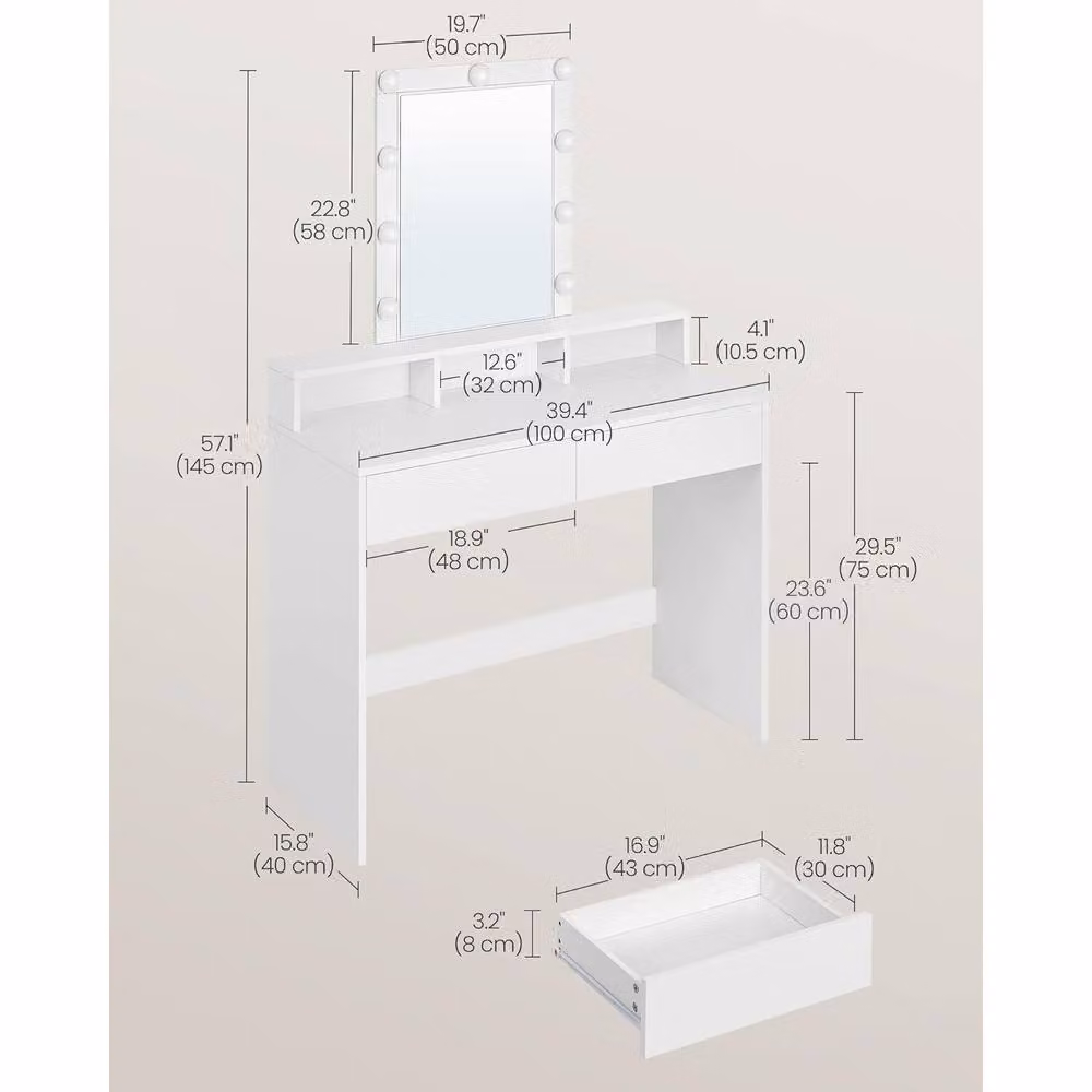 VASAGLE LED Hollywood Dressing Table with 2 Drawers and 3 Compartments in White – 2