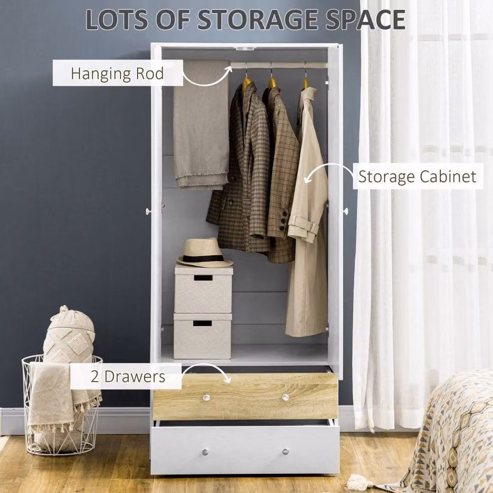 Wyld Haus Coralia 2 Door Wardrobe in White and Oak with Hanging Rail and 2 Internal Drawers, H 180 x W 80 x D 50 cm – 3