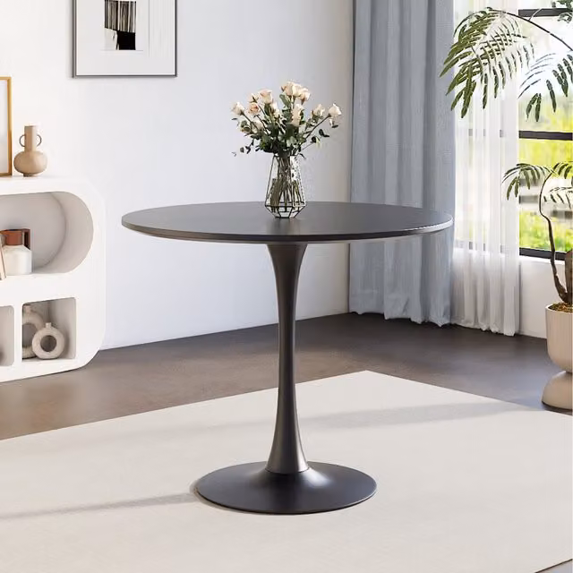 Komore Round Dining Table with Black MDF Laminate Top and Metal Central Column Base