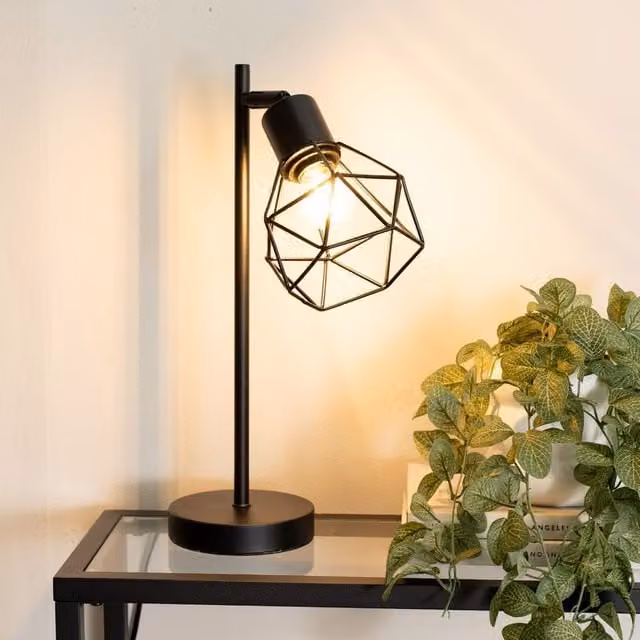 ValueLights Angus Adjustable Metal Geometric Basket Shade Table Lamp in Black and Gold/Brass