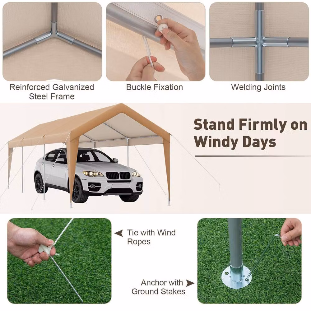 Gymax Heavy Duty Steel Carport Garage All-Weather Outdoor Shelter in Brown, W: 301.0 cm, D: 285.0 cm, H: 301.0 cm – 4