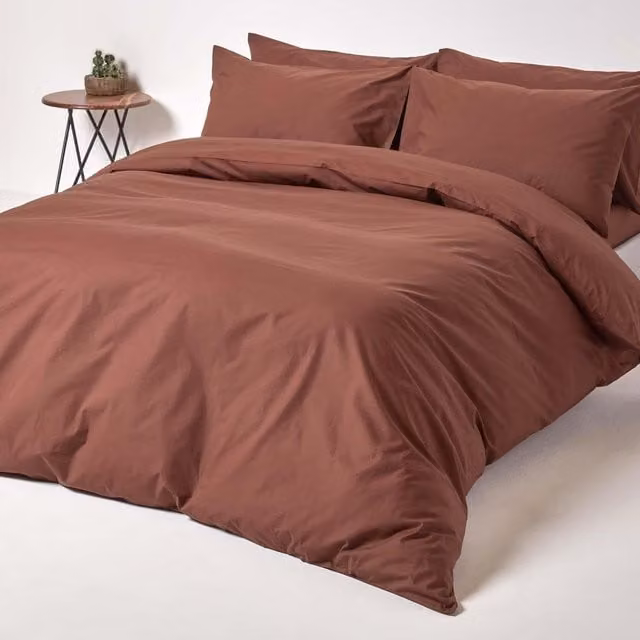 Homescapes Plain Brown Cotton Percale Duvet Cover and Pillowcase Set, W: 140 cm, L: 200 cm