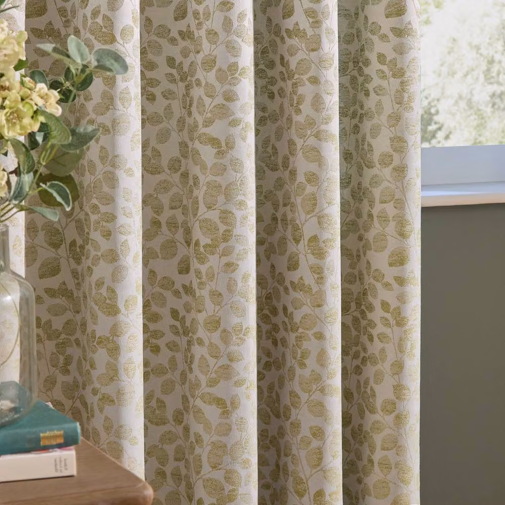 Wylder Grace Leaf Jacquard Fully Lined Eyelet Curtain Pair in Pale Green, W: 117 cm, Drop: 183 cm – 2