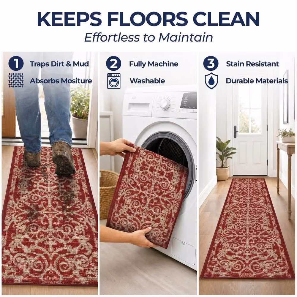 Bravich LTD Filigree Non-Slip Low Pile Hallway Runner Rug in Red, W: 66 cm, L: 183 cm – 6