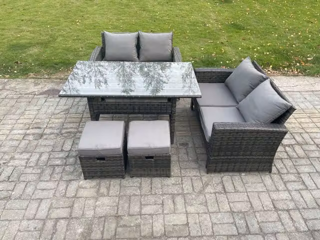 Fimous 6 Seater PE Wicker Rattan Garden Furniture Set with Love Sofa, Rectangular Dining Table and 2 Small Footstools in Dark Grey