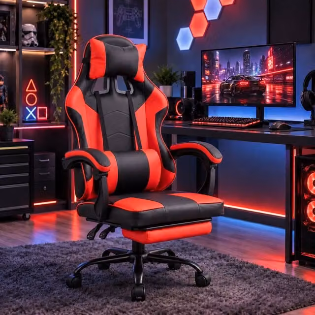 Samuel Alexander Red Faux Leather Gaming Chair with Headrest and Armrests – 1