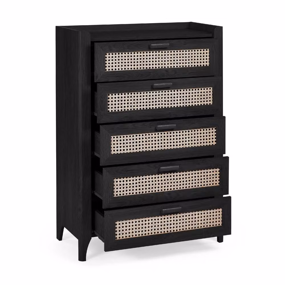 Cheshire Premium Pacifica 5 Drawer Chest in Black with Rattan Detail – 2
