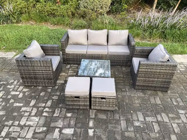 Fimous Wicker Rattan Garden Furniture Set in Dark Grey with Armchair, Square Coffee Table and 2 Ottomans