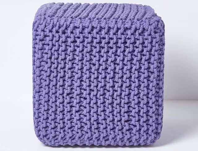 Homescapes Cube Cotton Knitted Pouffe Footstool in Purple – 1