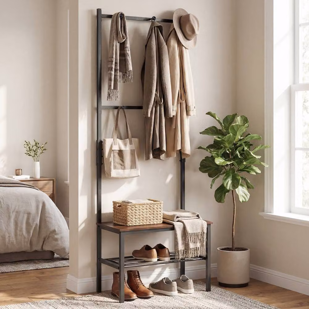 Gymax Industrial Hall Tree Freestanding Entryway Bench, Coat and Shoe Rack in Brown – 2