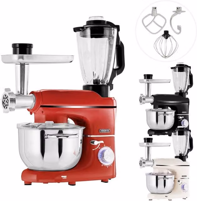 AREBOS All-In-One Stand Mixer, Food Processor, Meat Grinder and Blender in Red