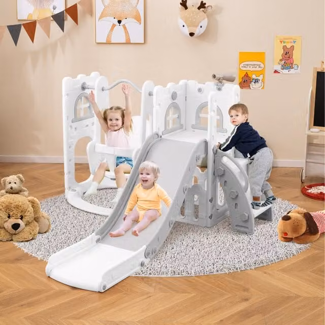 Costway 7 in 1 L-shaped Toddler Play Tower with Slide and Swing Set in Grey and White